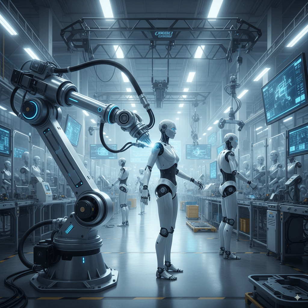 A robot arm in a modern factory setting